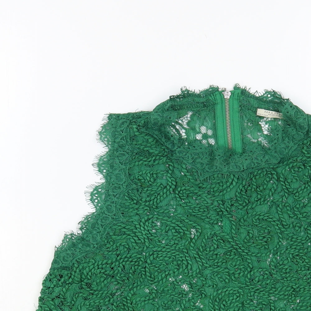 Zara Womens Green Floral Polyester Basic Blouse Size M Round Neck