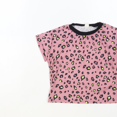 SheIn Girls Pink Animal Print Polyester Pullover T-Shirt Size 6-7 Years Crew Neck Pullover - Leopard Print