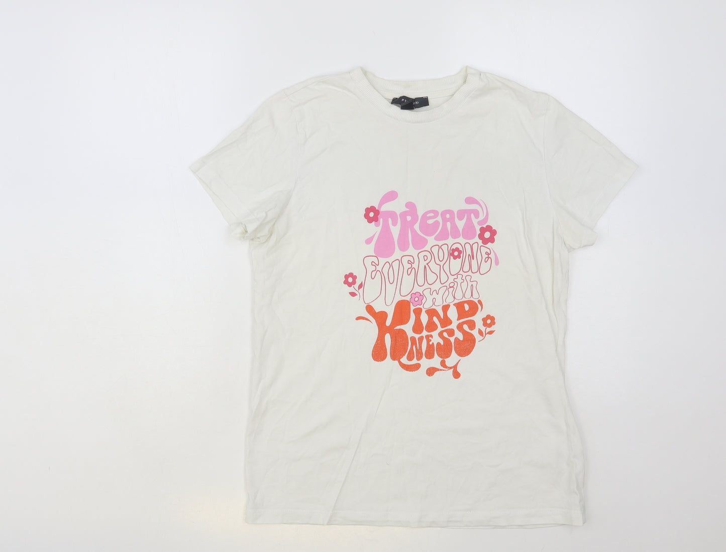 Primark Womens White Cotton Basic T-Shirt Size 10 Crew Neck - Treat Everyone With Kindness