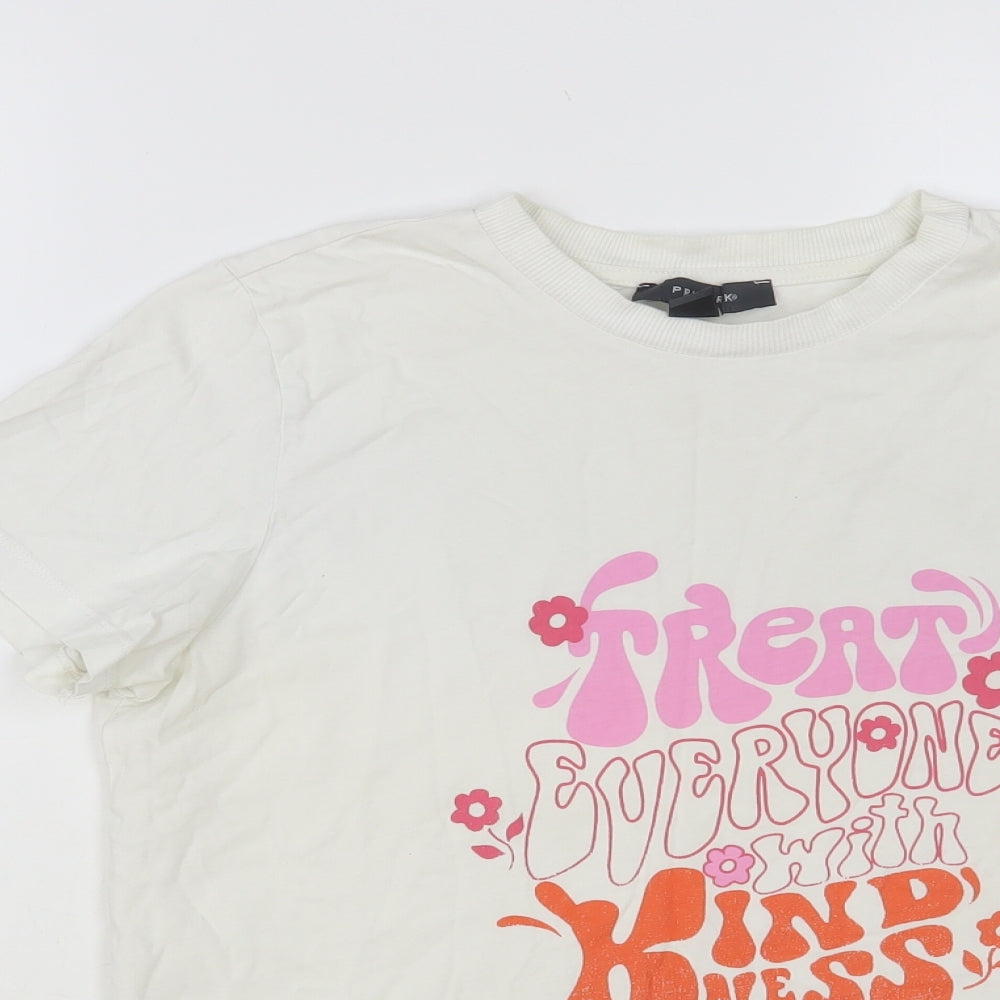 Primark Womens White Cotton Basic T-Shirt Size 10 Crew Neck - Treat Everyone With Kindness
