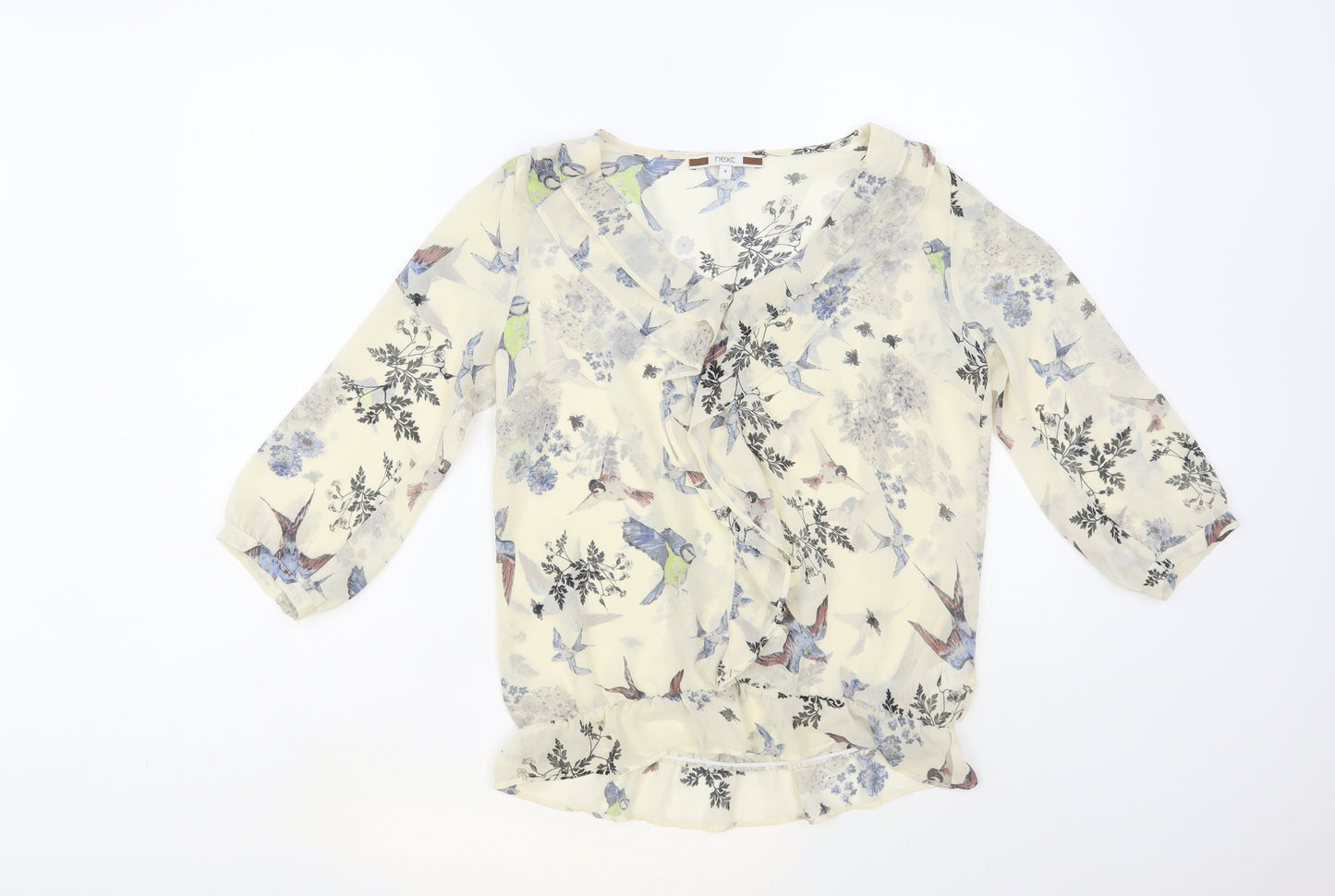 NEXT Womens Ivory Floral Polyester Basic Blouse Size 8 V-Neck - Bird Print