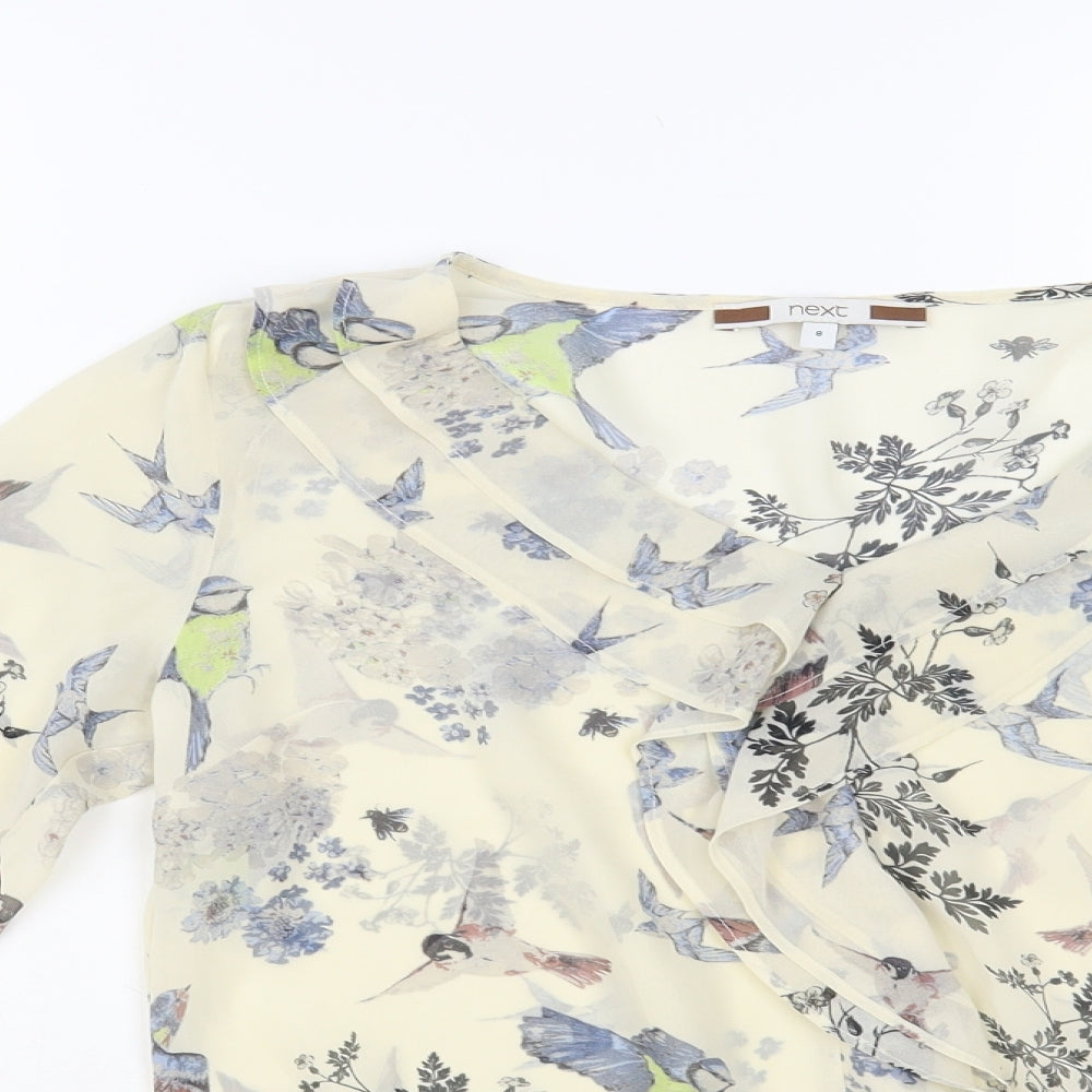 NEXT Womens Ivory Floral Polyester Basic Blouse Size 8 V-Neck - Bird Print