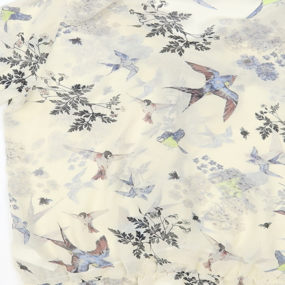 NEXT Womens Ivory Floral Polyester Basic Blouse Size 8 V-Neck - Bird Print