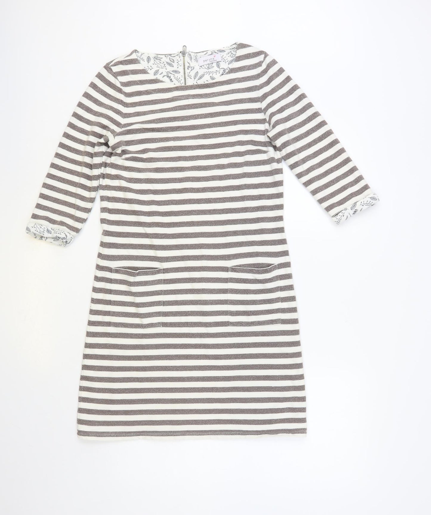 Per Una Womens Grey Striped Cotton Shift Size 10 Boat Neck Zip