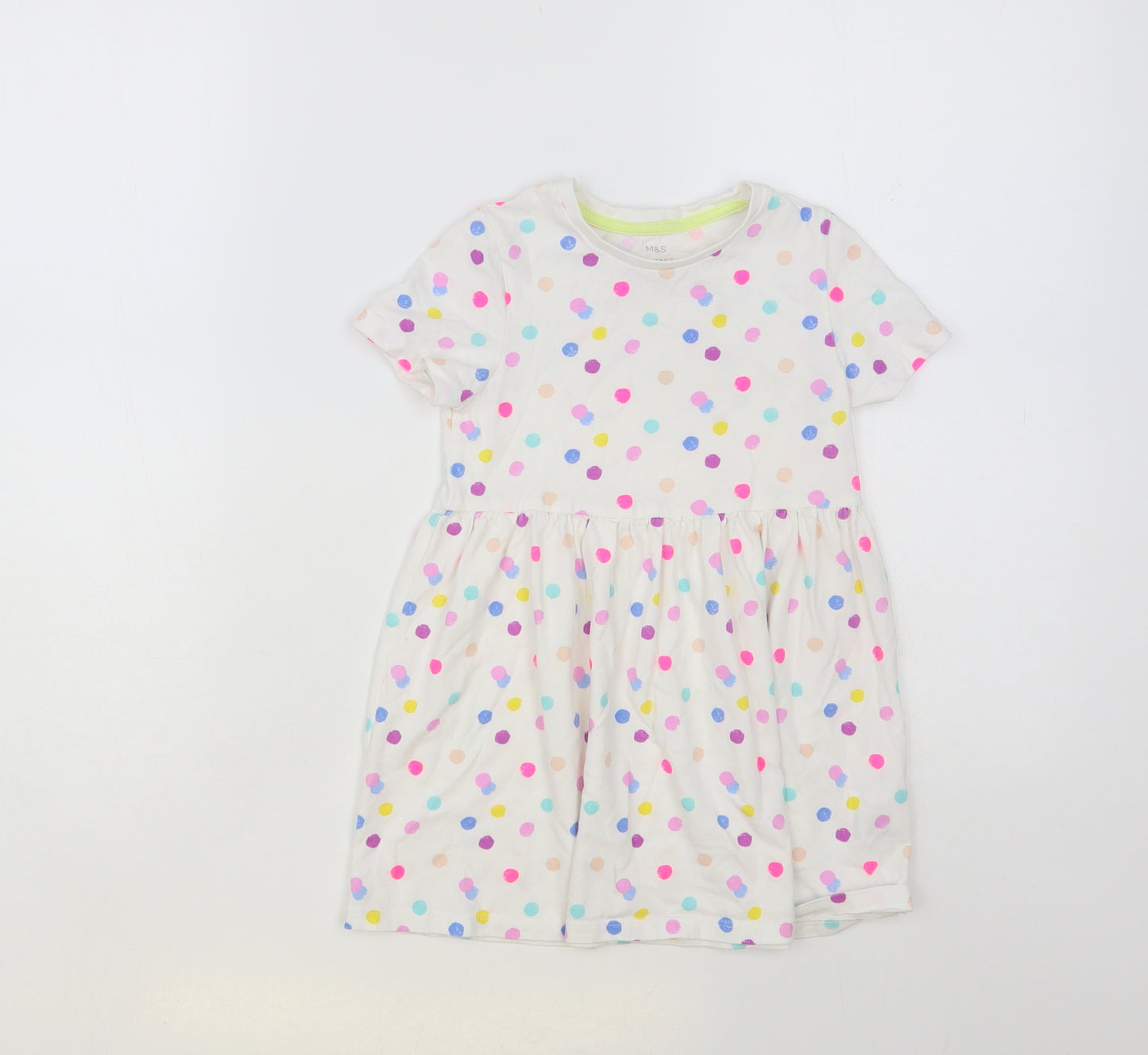 Marks and Spencer Girls White Polka Dot Cotton T-Shirt Dress Size 4-5 Years Crew Neck Pullover
