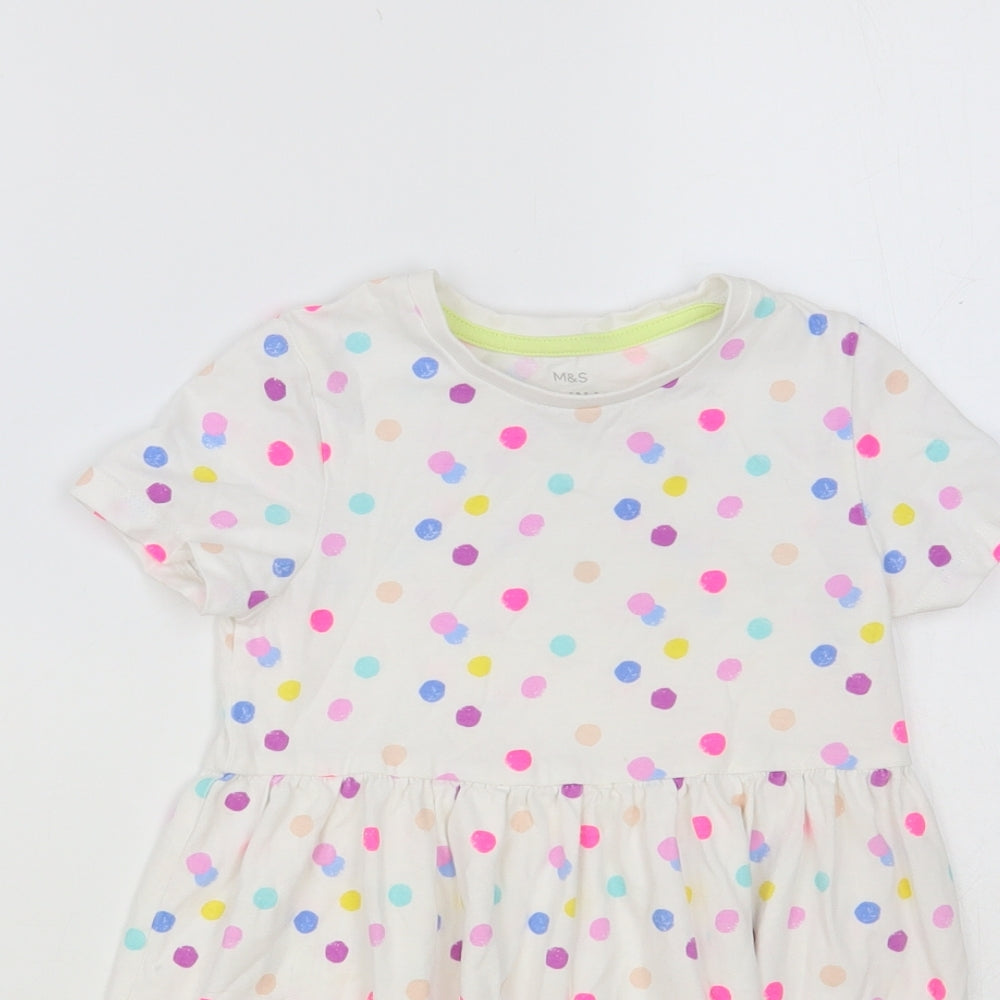 Marks and Spencer Girls White Polka Dot Cotton T-Shirt Dress Size 4-5 Years Crew Neck Pullover