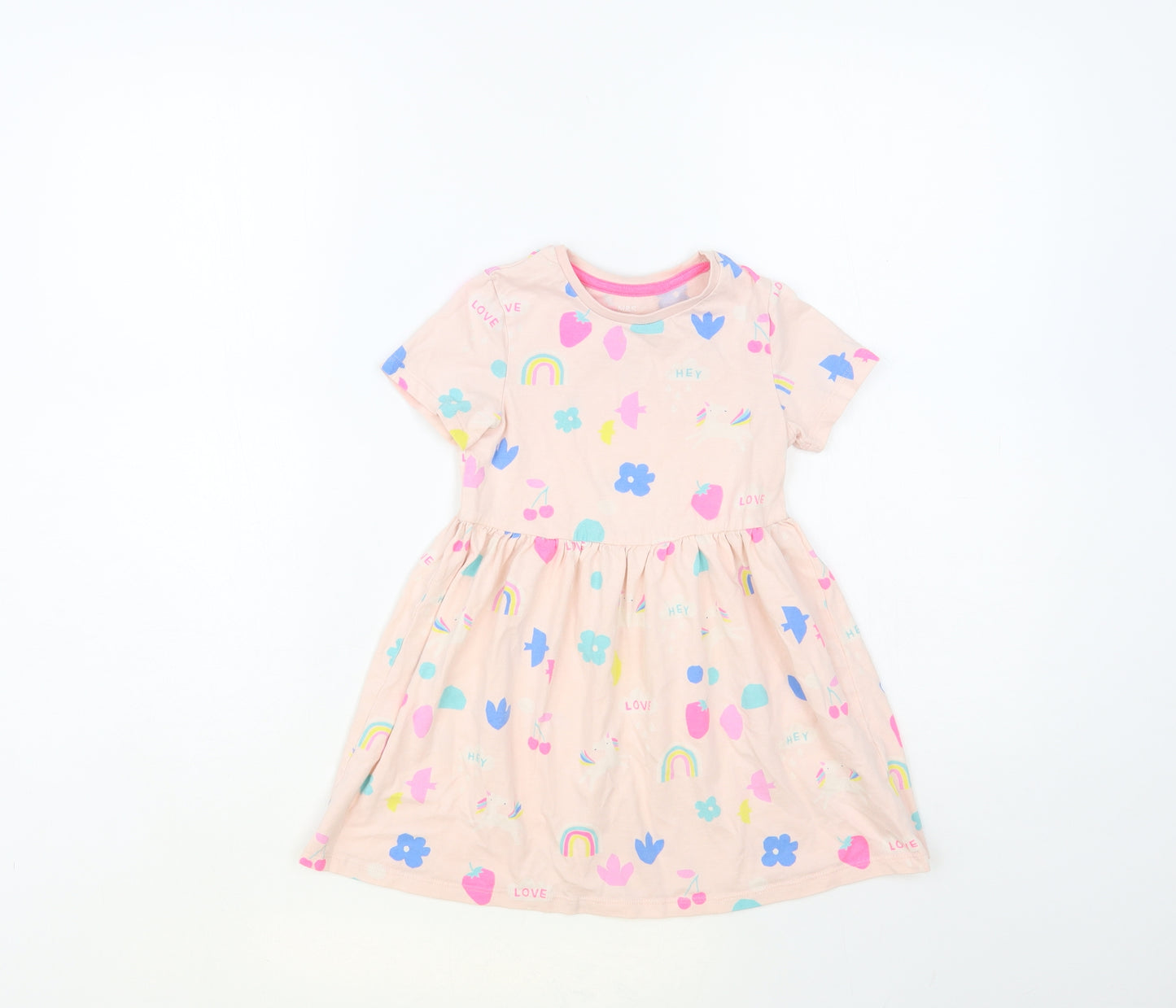 Marks and Spencer Girls Pink Geometric Cotton Skater Dress Size 4-5 Years Crew Neck Pullover