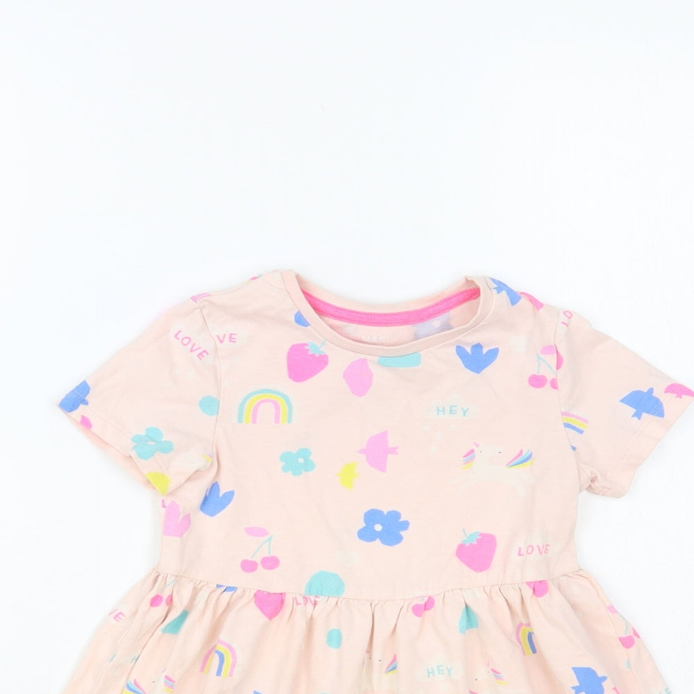 Marks and Spencer Girls Pink Geometric Cotton Skater Dress Size 4-5 Years Crew Neck Pullover