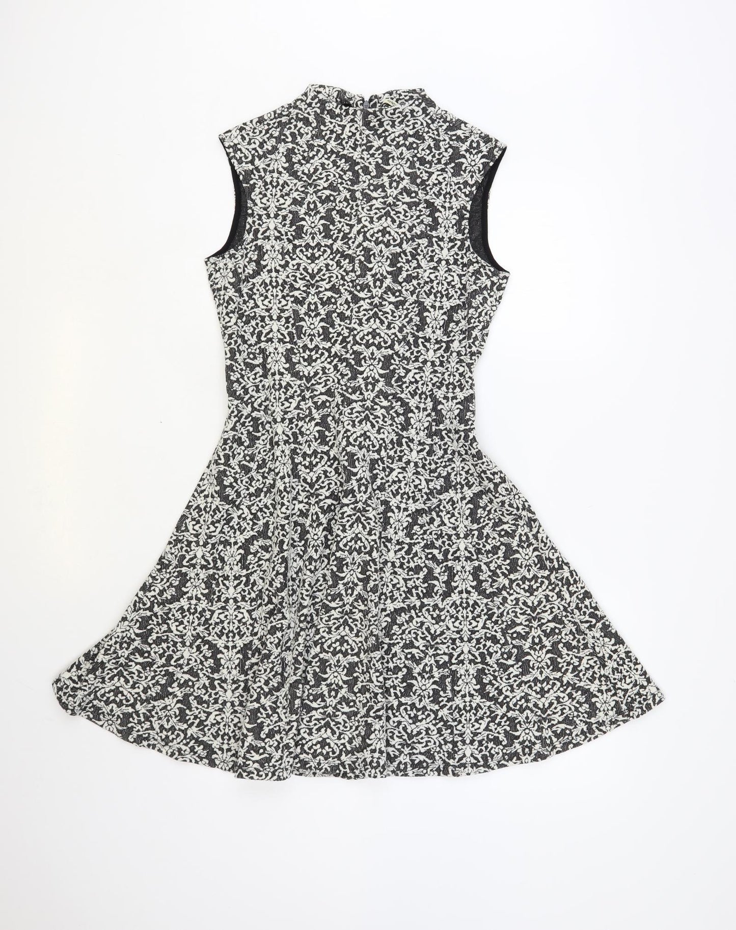Oasis Womens Black Paisley Polyester Skater Dress Size S Mock Neck Zip
