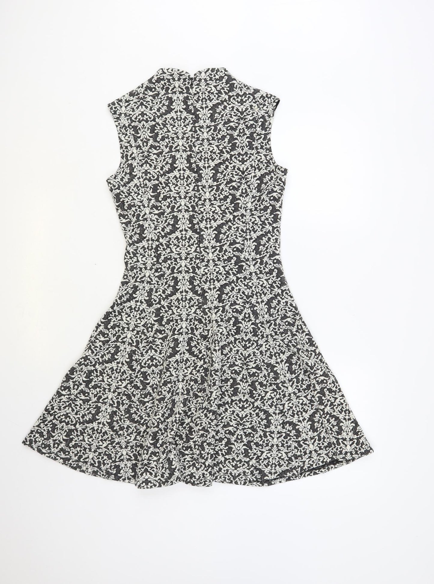 Oasis Womens Black Paisley Polyester Skater Dress Size S Mock Neck Zip