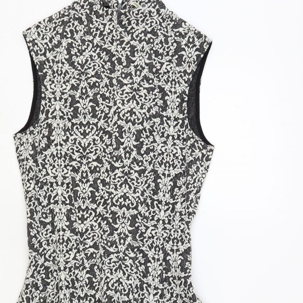 Oasis Womens Black Paisley Polyester Skater Dress Size S Mock Neck Zip