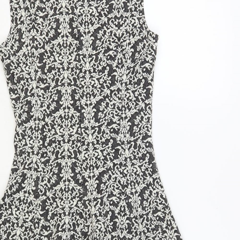 Oasis Womens Black Paisley Polyester Skater Dress Size S Mock Neck Zip