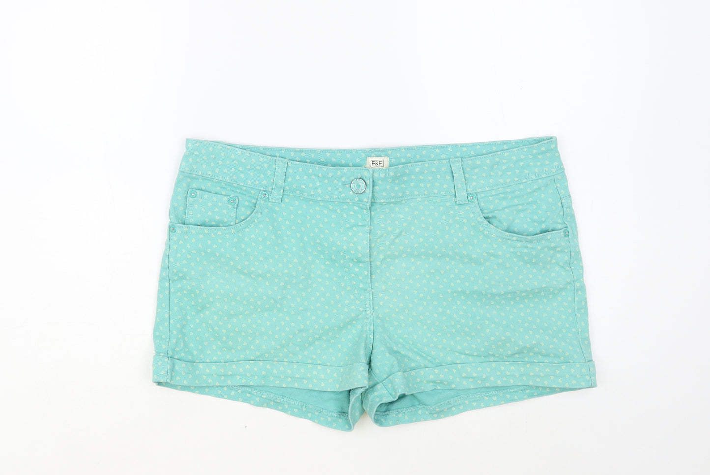 F&F Womens Green Geometric Cotton Hot Pants Shorts Size 16 L4 in Regular Button - Heart Print