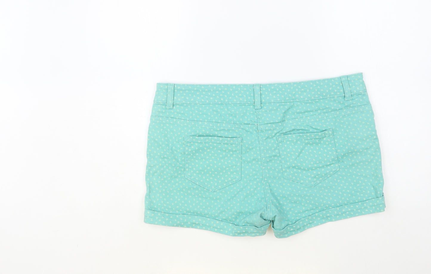 F&F Womens Green Geometric Cotton Hot Pants Shorts Size 16 L4 in Regular Button - Heart Print