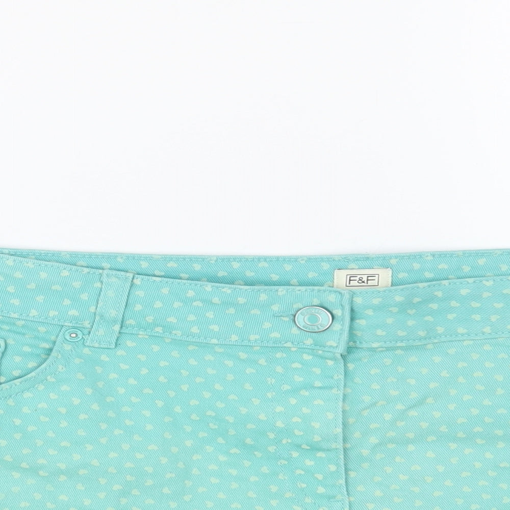 F&F Womens Green Geometric Cotton Hot Pants Shorts Size 16 L4 in Regular Button - Heart Print