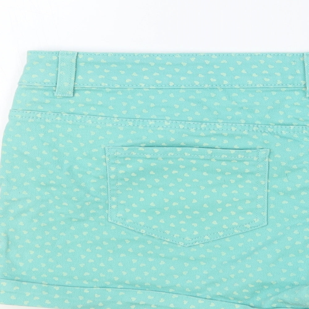 F&F Womens Green Geometric Cotton Hot Pants Shorts Size 16 L4 in Regular Button - Heart Print