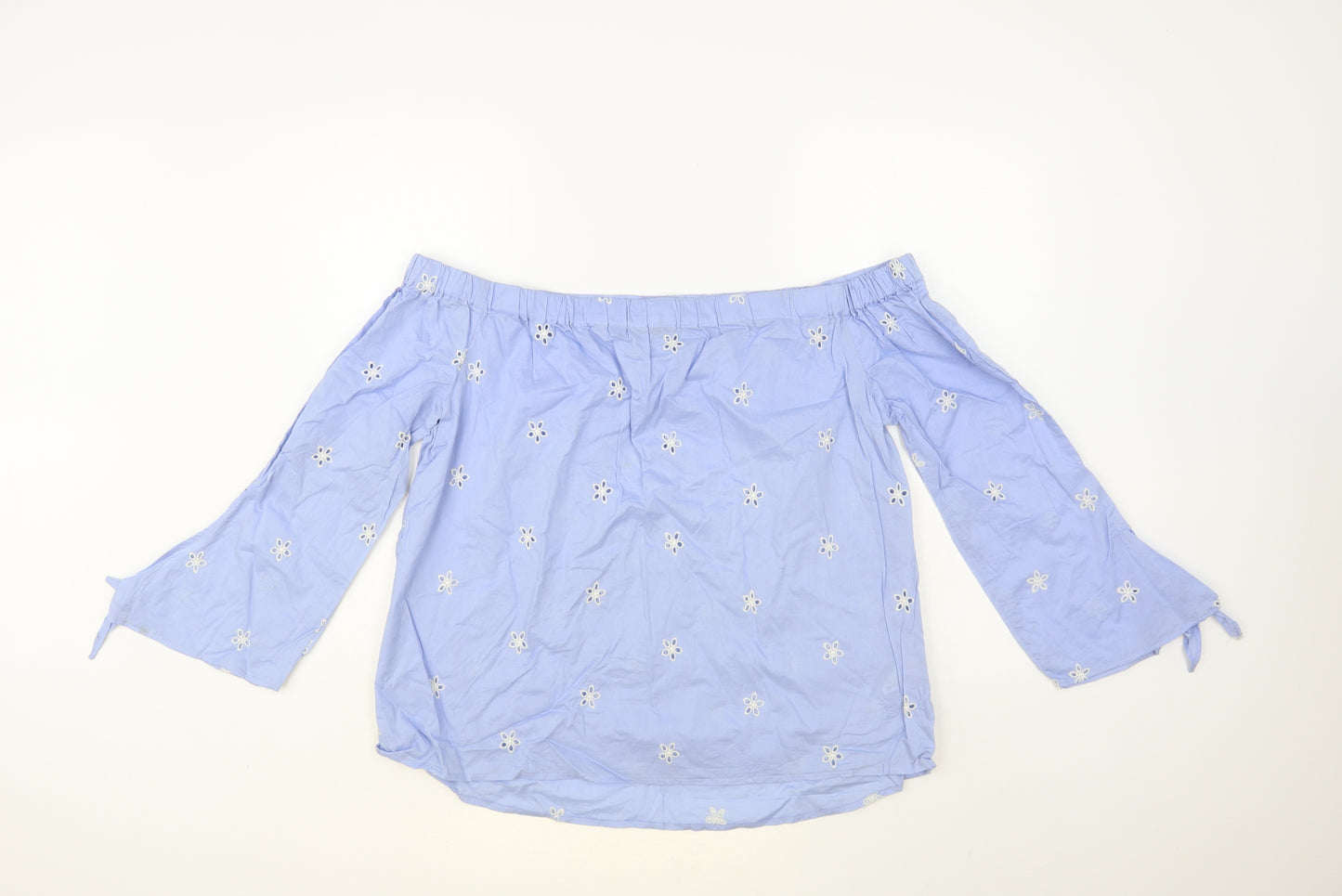 Papaya Womens Blue Floral Cotton Basic Blouse Size 16 Off the Shoulder