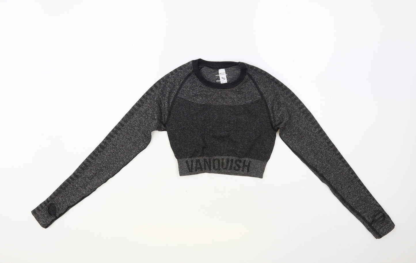 Vanquish Fitness Womens Grey Geometric Polyester Cropped T-Shirt Size S Crew Neck Pullover