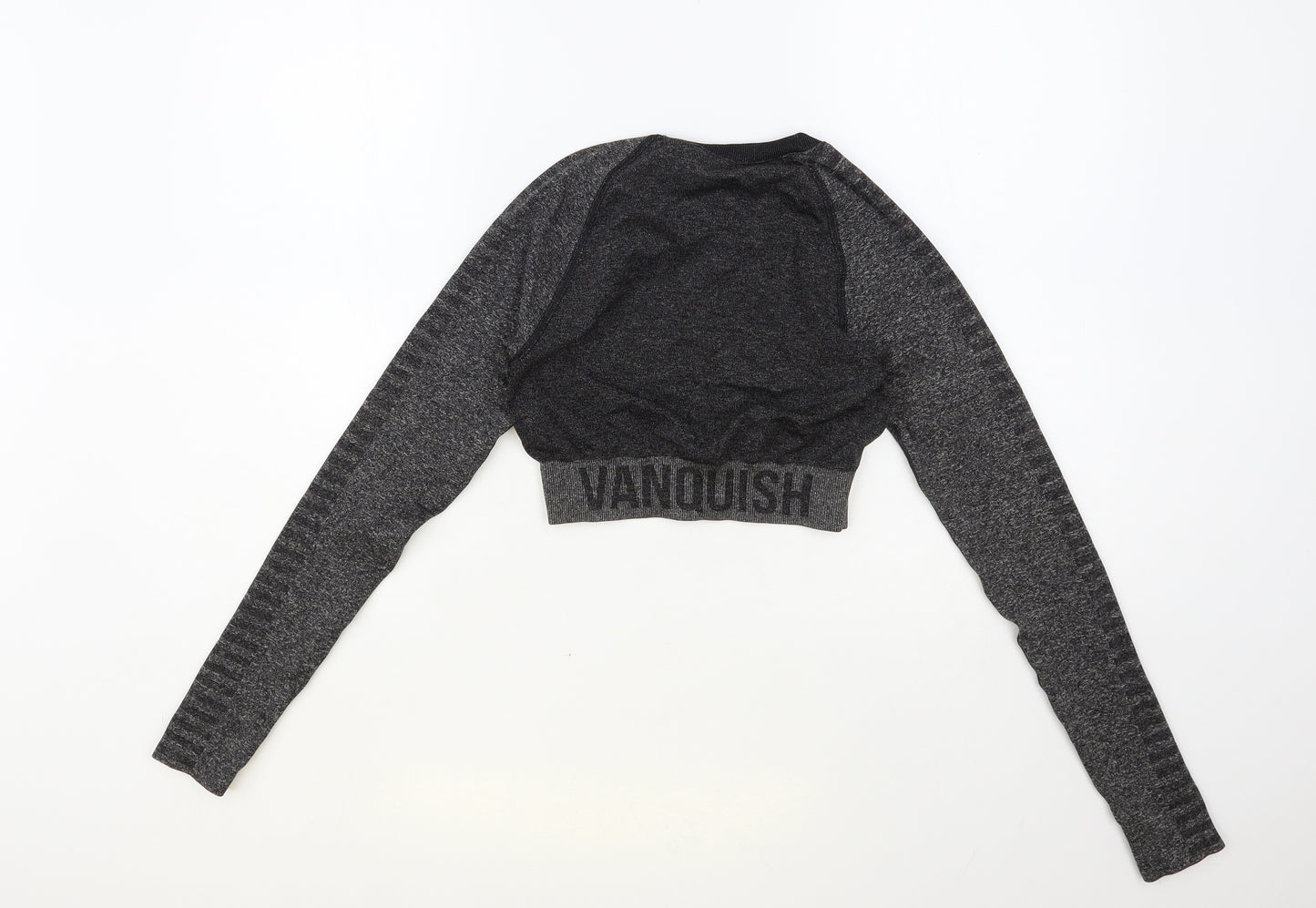 Vanquish Fitness Womens Grey Geometric Polyester Cropped T-Shirt Size S Crew Neck Pullover