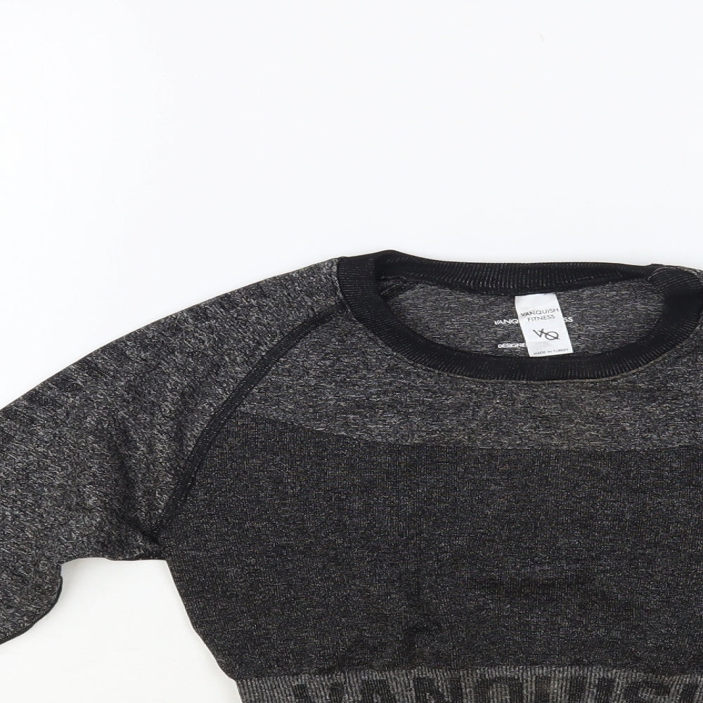 Vanquish Fitness Womens Grey Geometric Polyester Cropped T-Shirt Size S Crew Neck Pullover