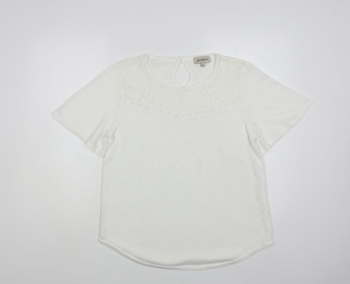 BASSINI Womens White Polyester Basic Blouse Size M Round Neck - Lace detail
