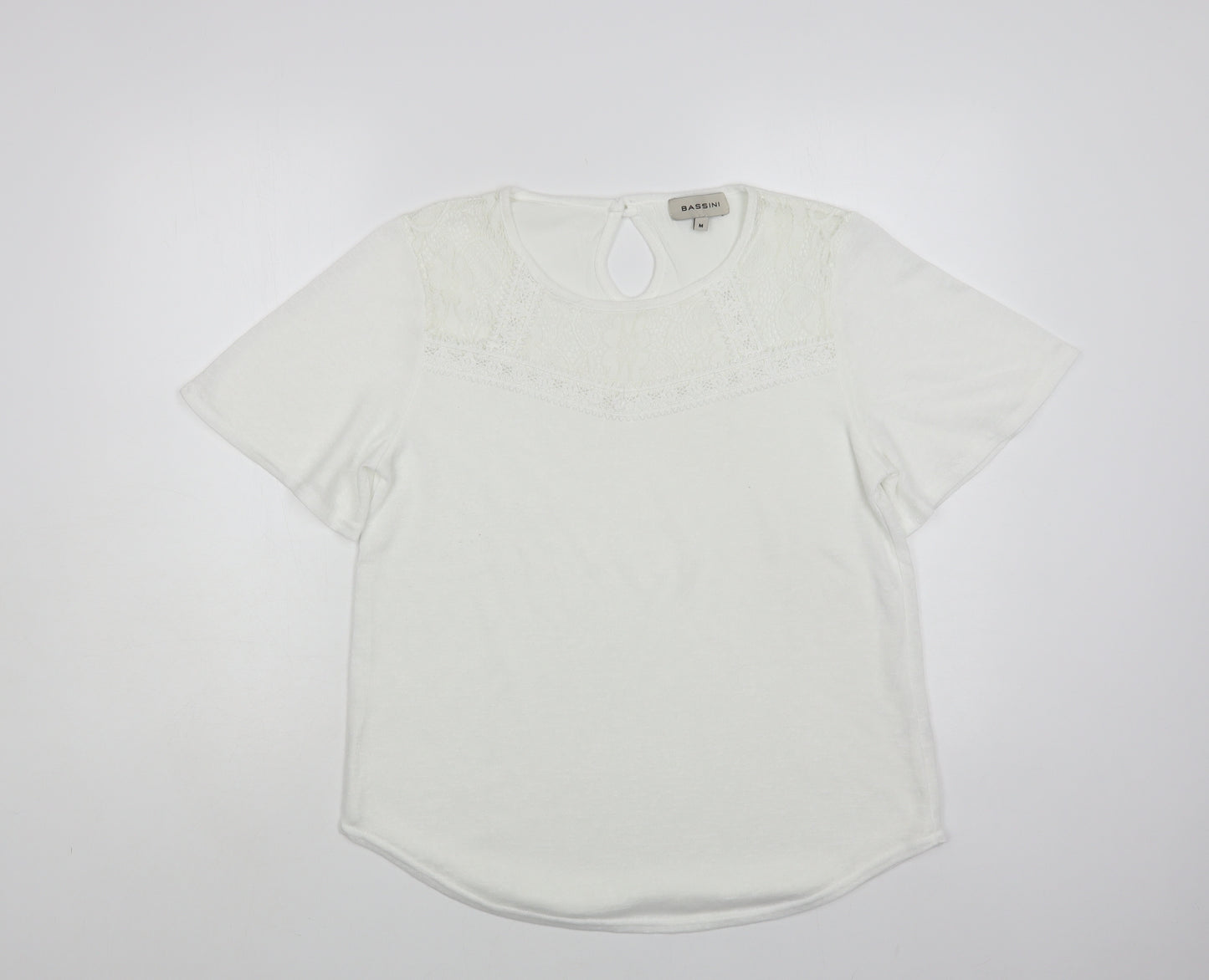 BASSINI Womens White Polyester Basic Blouse Size M Round Neck - Lace detail