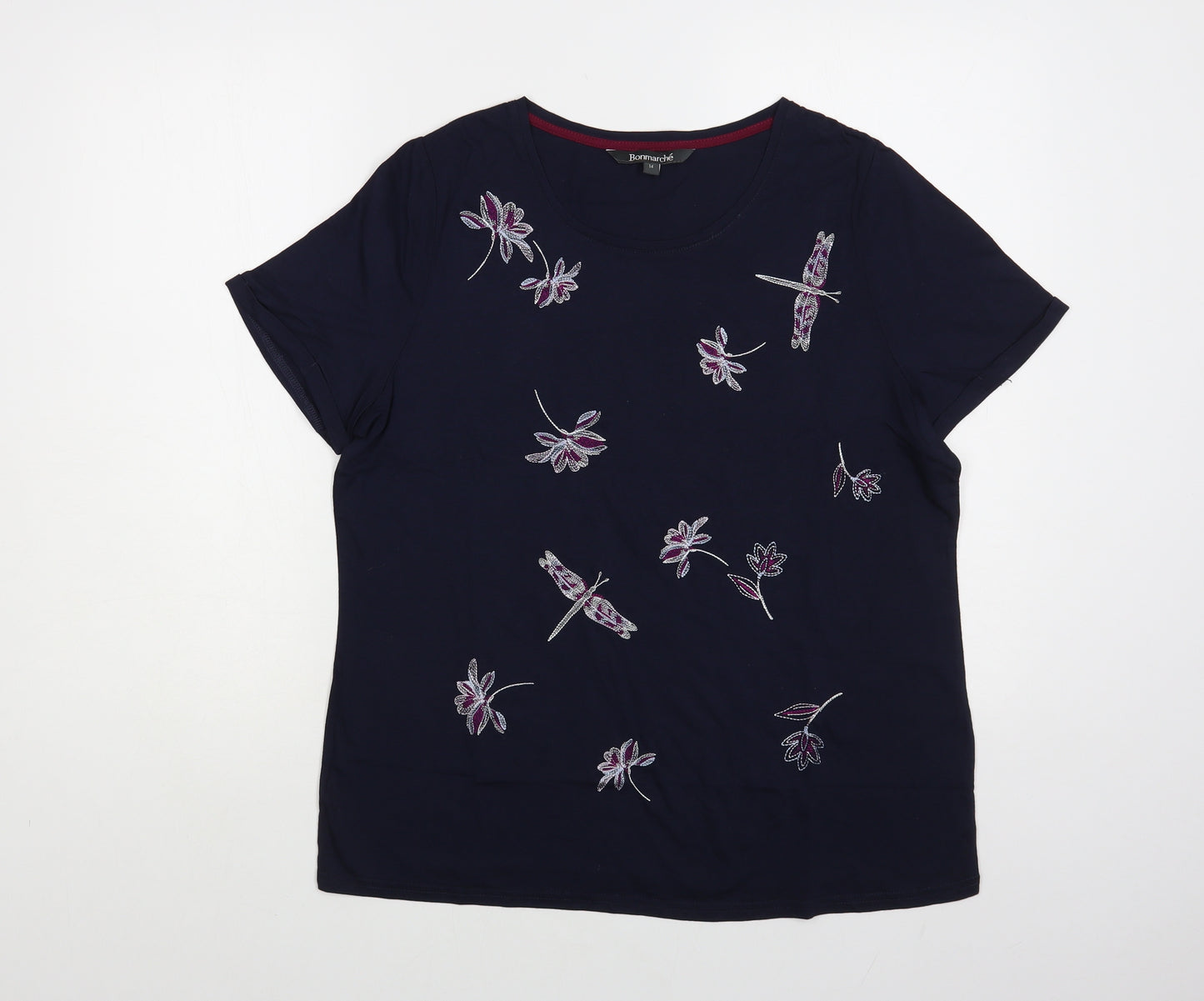 Bonmarché Womens Blue Floral Cotton Basic T-Shirt Size 14 Round Neck