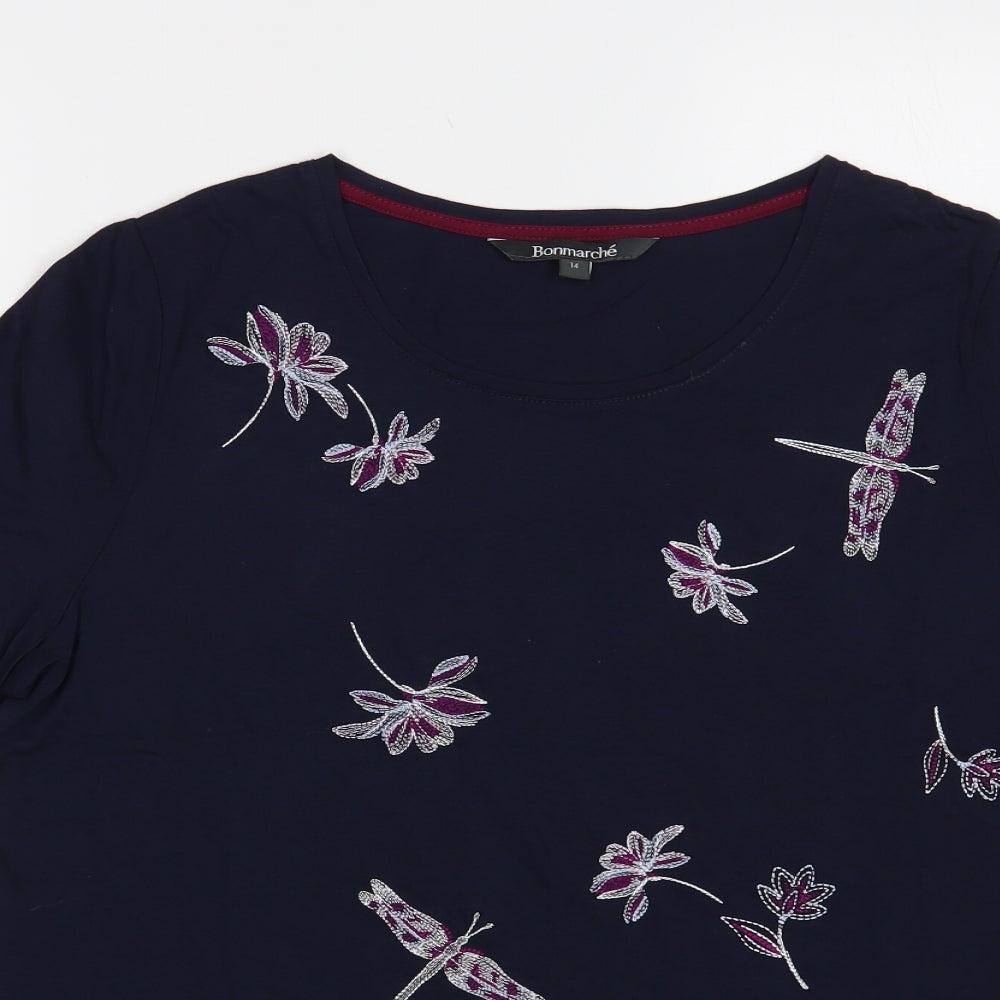 Bonmarché Womens Blue Floral Cotton Basic T-Shirt Size 14 Round Neck