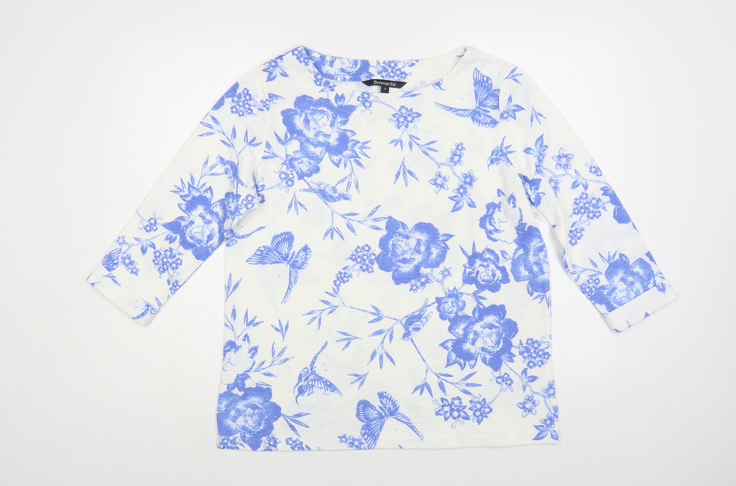 Bonmarché Womens White Floral Polyester Basic Blouse Size 14 Boat Neck