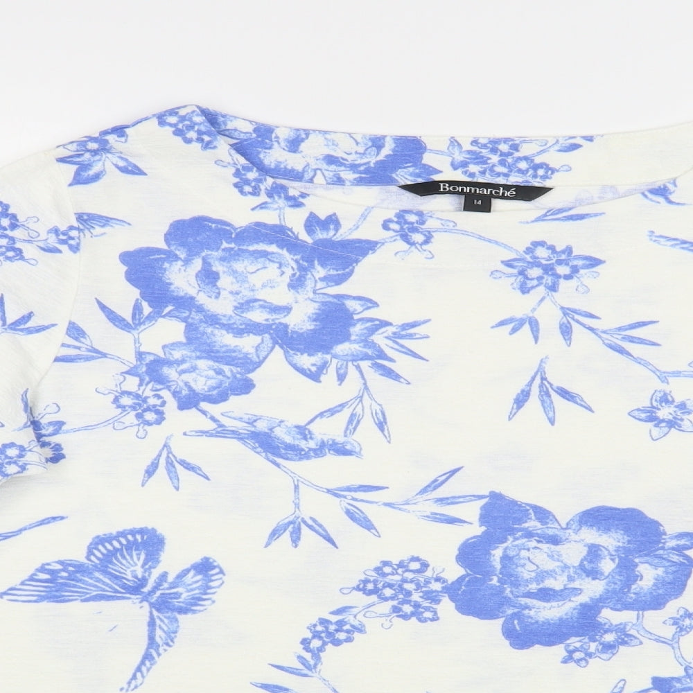 Bonmarché Womens White Floral Polyester Basic Blouse Size 14 Boat Neck