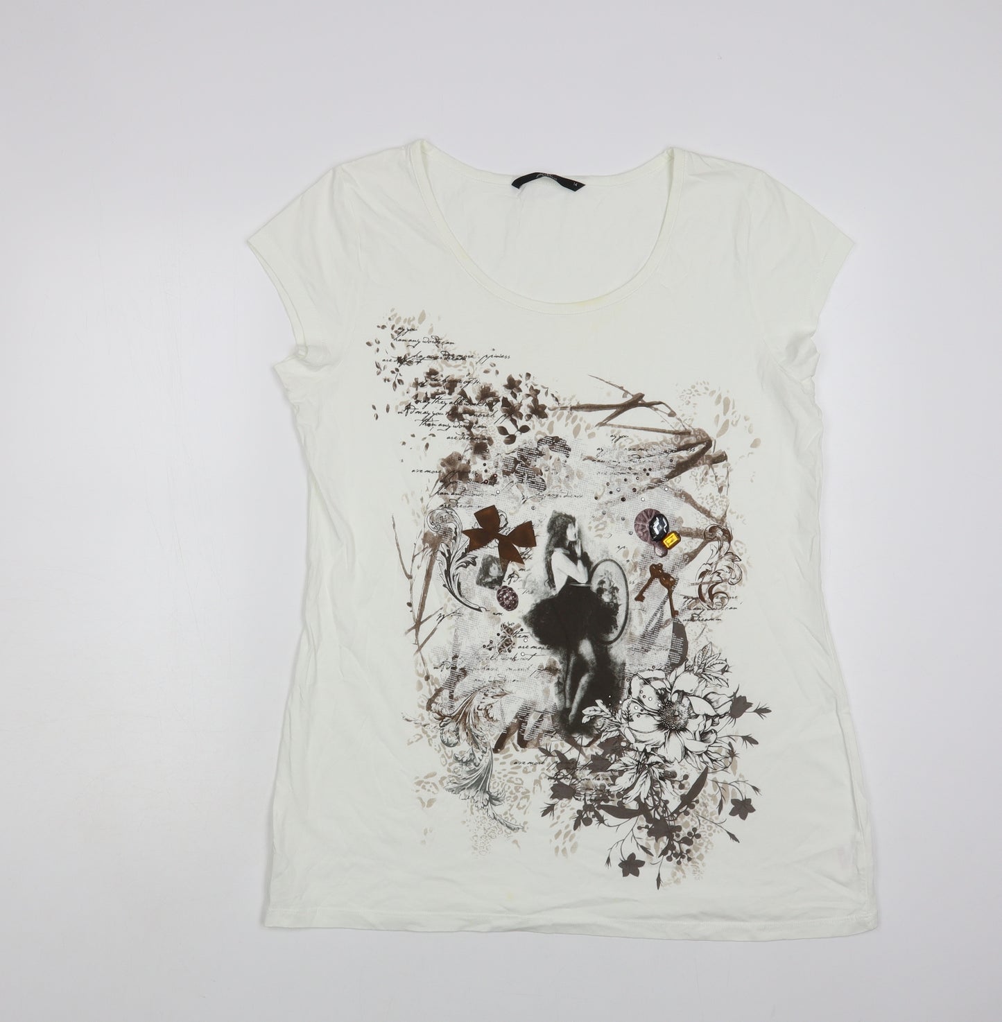 Bonmarché Womens White Cotton Basic T-Shirt Size 14 Scoop Neck