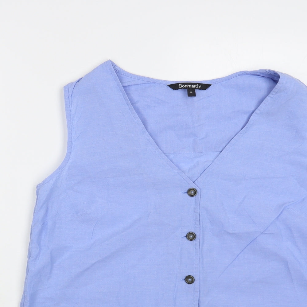 Bonmarché Womens Blue Cotton Basic Button-Up Size 14 V-Neck