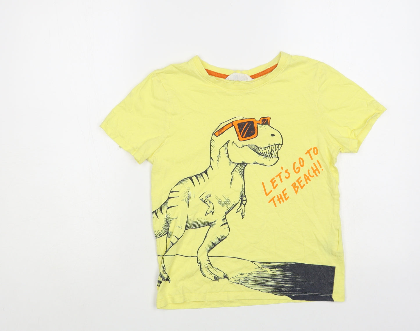 H&M Boys Yellow Cotton Pullover T-Shirt Size 8-9 Years Crew Neck Pullover - T-Rex