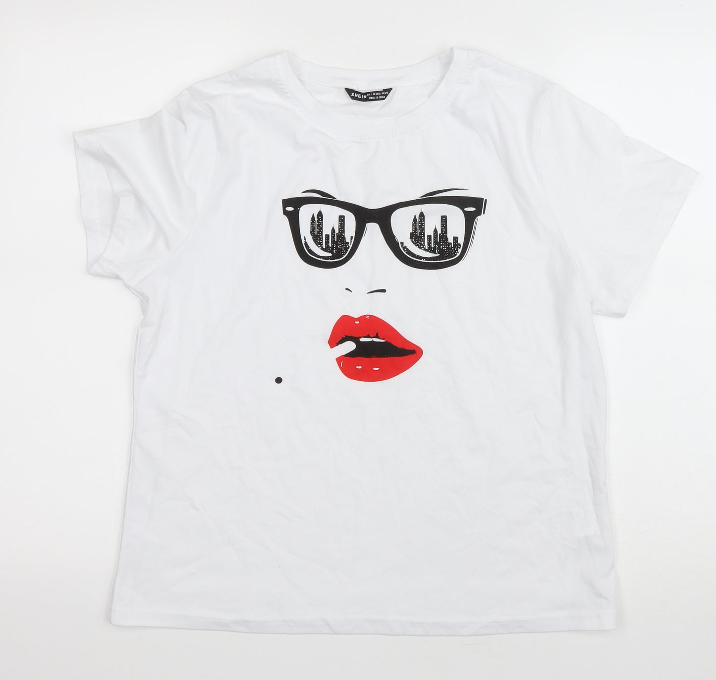 SheIn Womens White Cotton Basic T-Shirt Size L Round Neck - Minimalist face