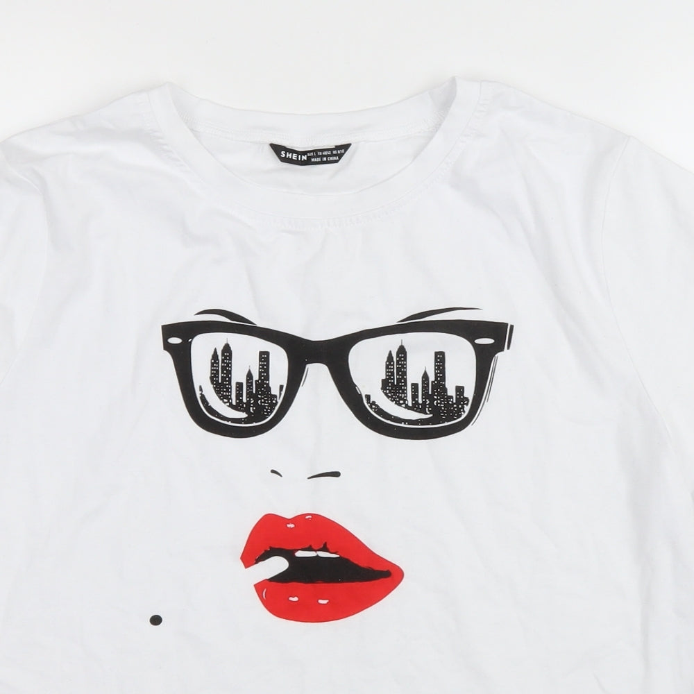 SheIn Womens White Cotton Basic T-Shirt Size L Round Neck - Minimalist face