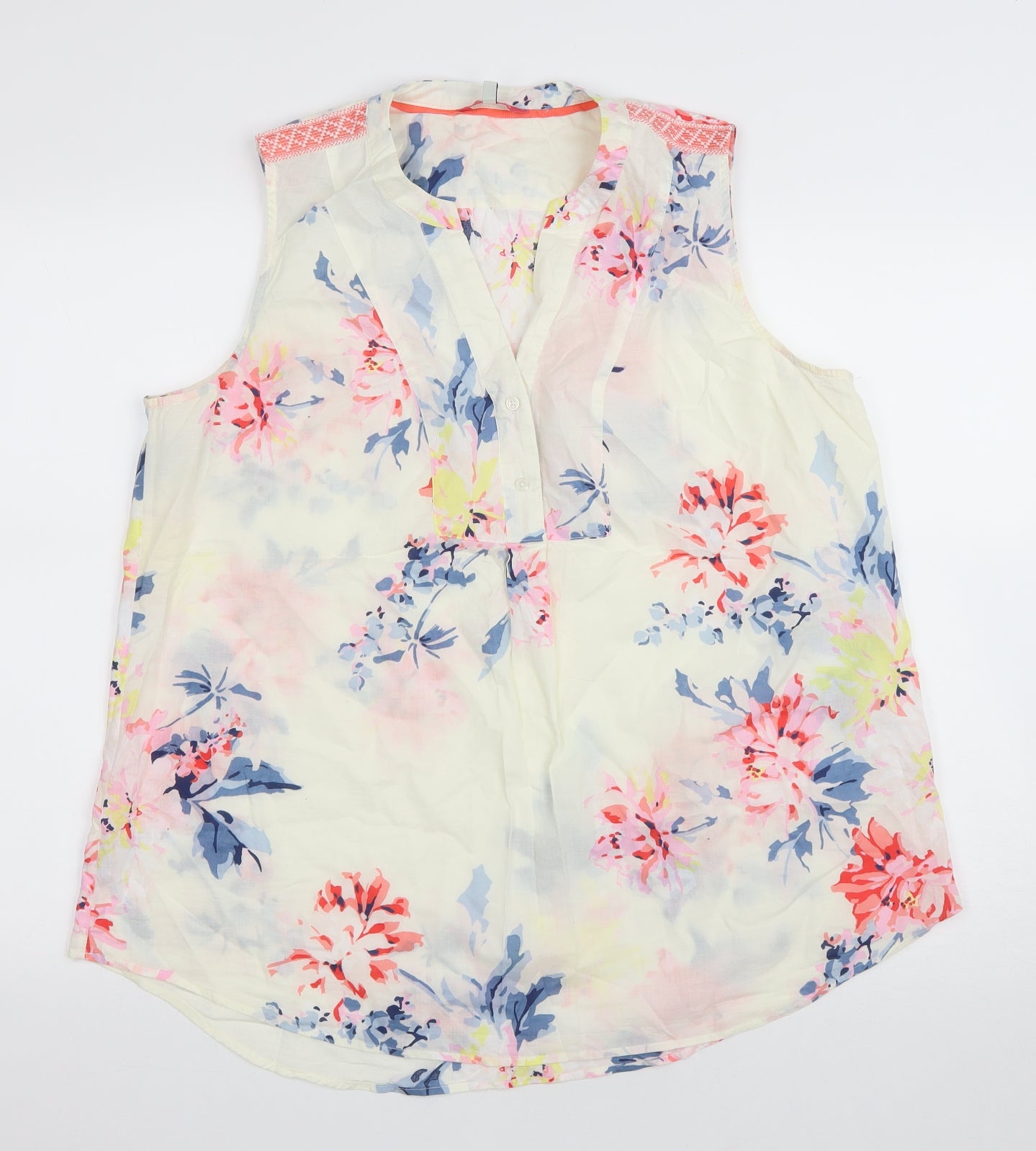 Joules Womens Ivory Floral Cotton Basic Blouse Size 16 V-Neck