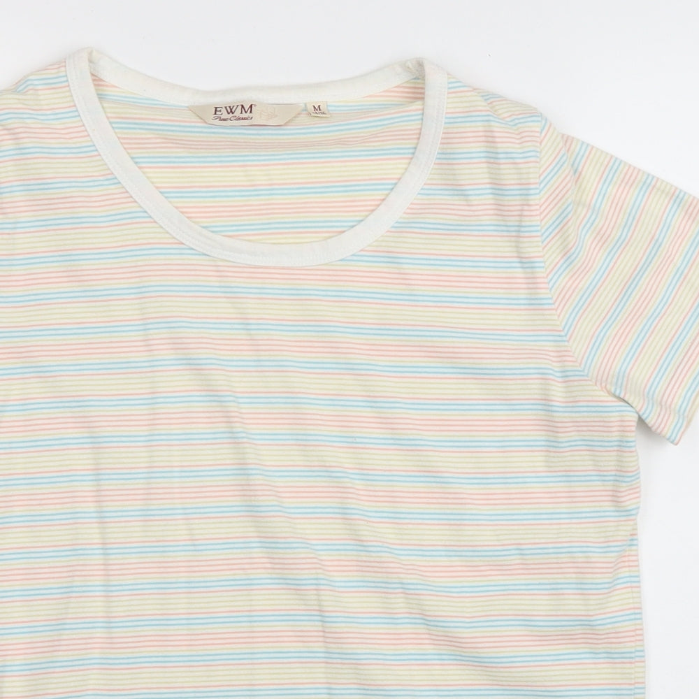 EWM Womens Multicoloured Striped Cotton Basic T-Shirt Size M Round Neck