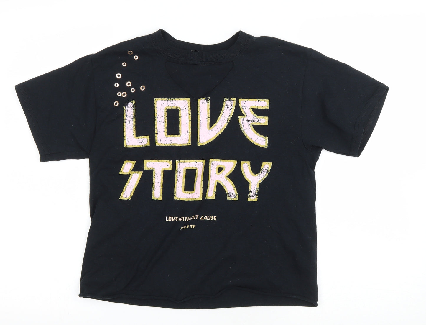 River Island Girls Black Cotton Basic T-Shirt Size 7-8 Years Round Neck Pullover - Love Story
