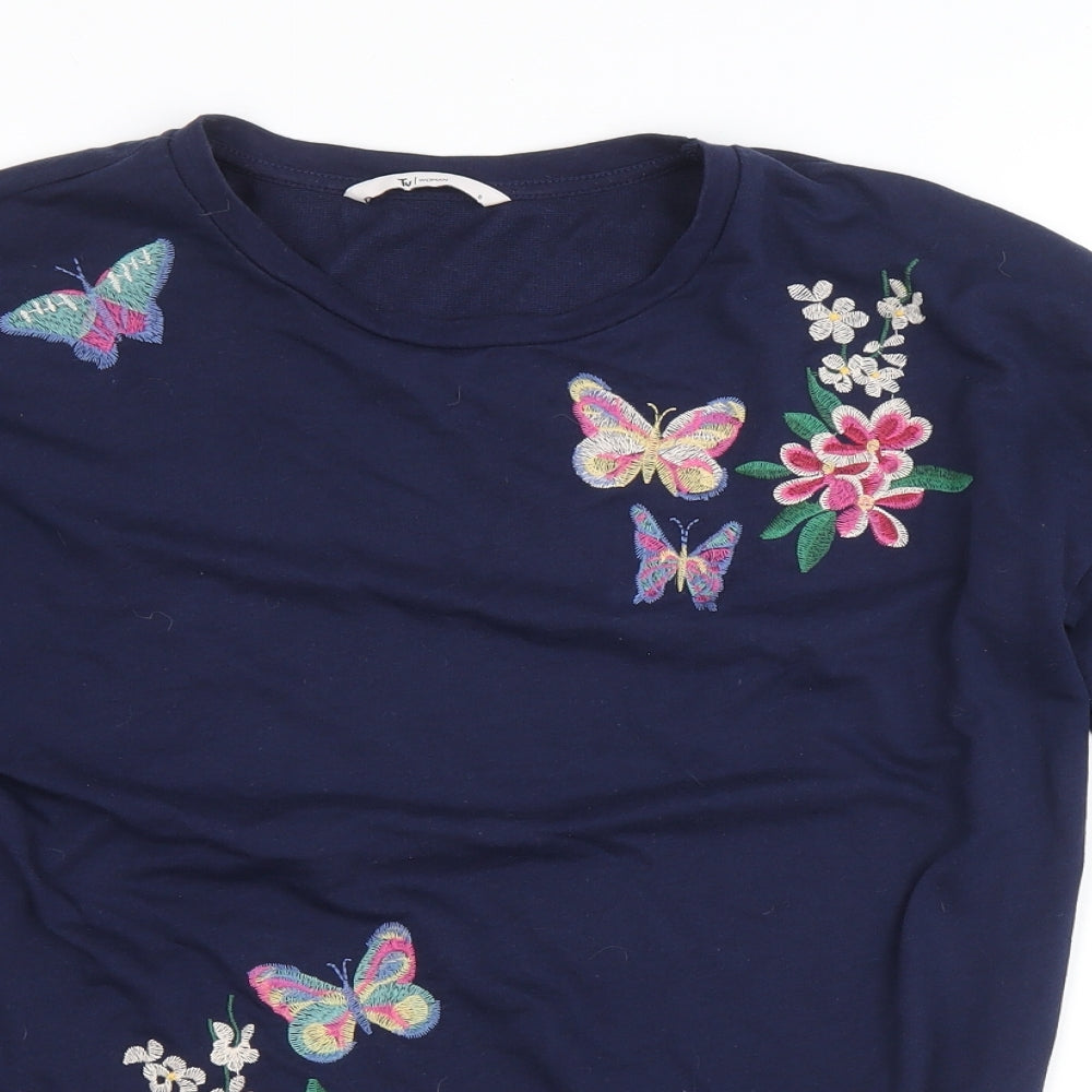 TU Womens Black Floral Cotton Basic T-Shirt Size 8 Round Neck - Butterfly