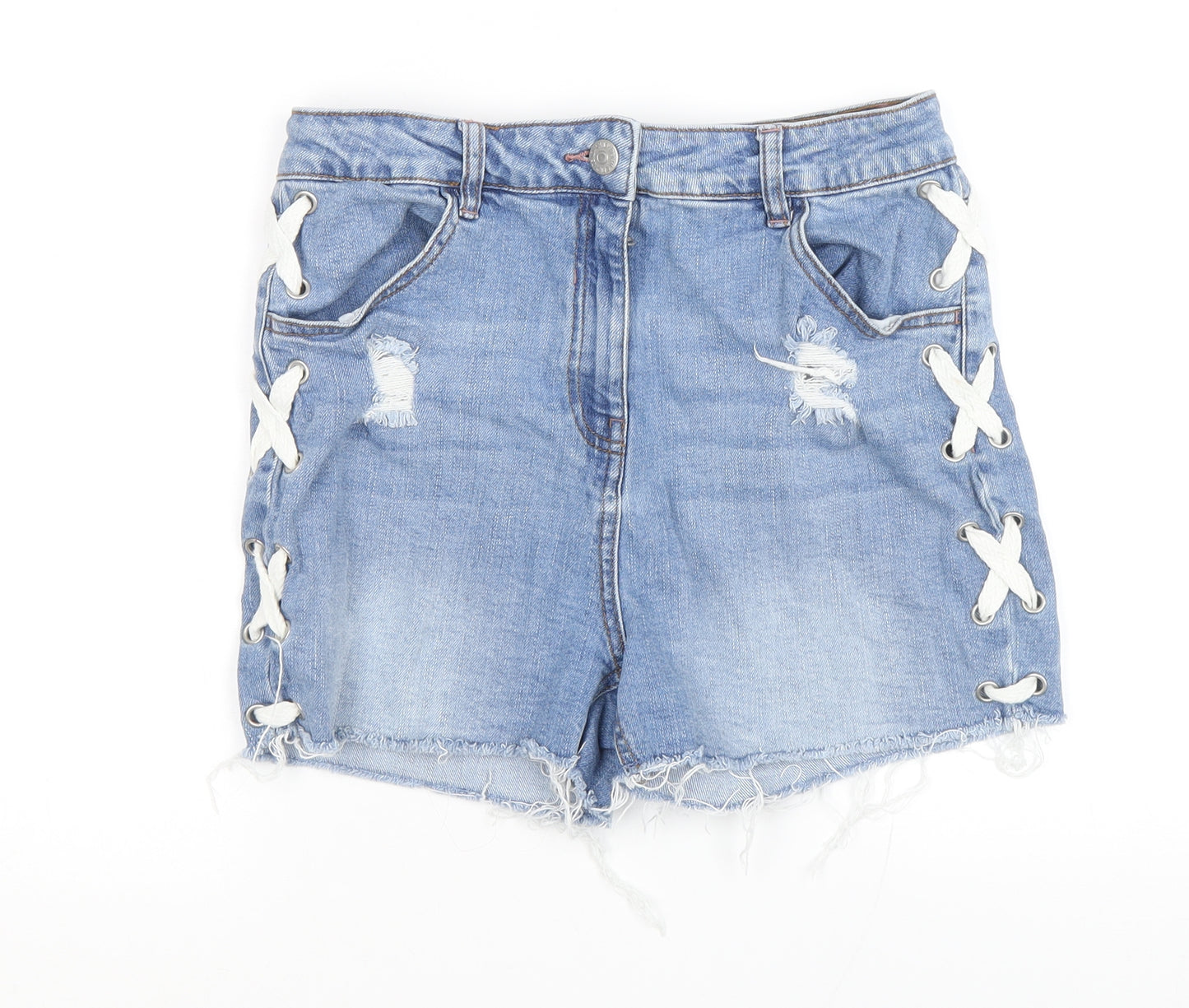 Candi Girls Blue Cotton Cut-Off Shorts Size 15 Years Regular Zip - Lace up detail