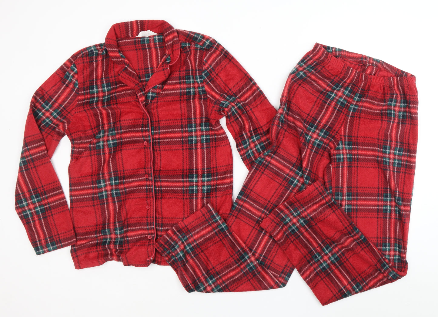 Marks and Spencer Womens Red Plaid Polyester Top Pyjama Set Size S Button