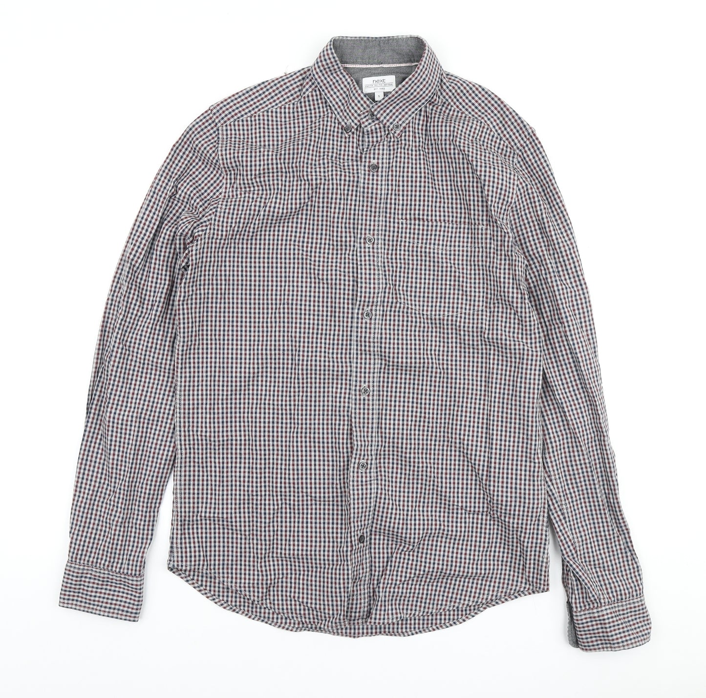 NEXT Mens Grey Plaid Cotton Button-Up Size S Collared Button