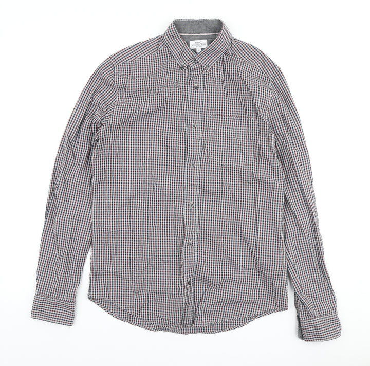 NEXT Mens Grey Plaid Cotton Button-Up Size S Collared Button
