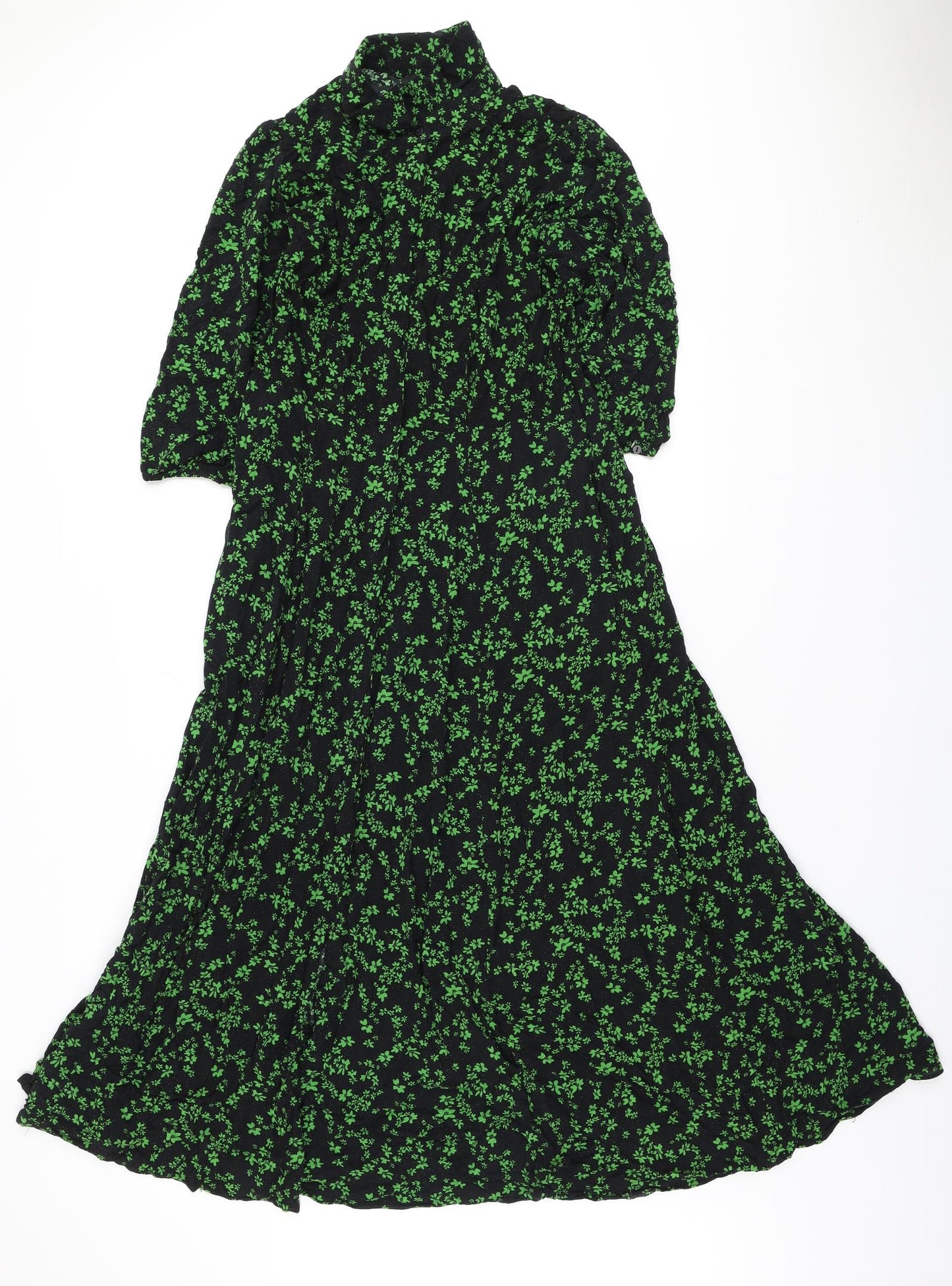 NEXT Womens Black Floral Viscose Fit & Flare Size 12 Collared Button