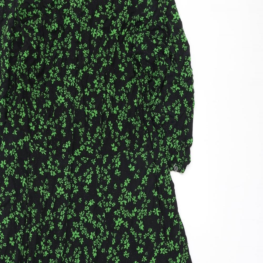 NEXT Womens Black Floral Viscose Fit & Flare Size 12 Collared Button