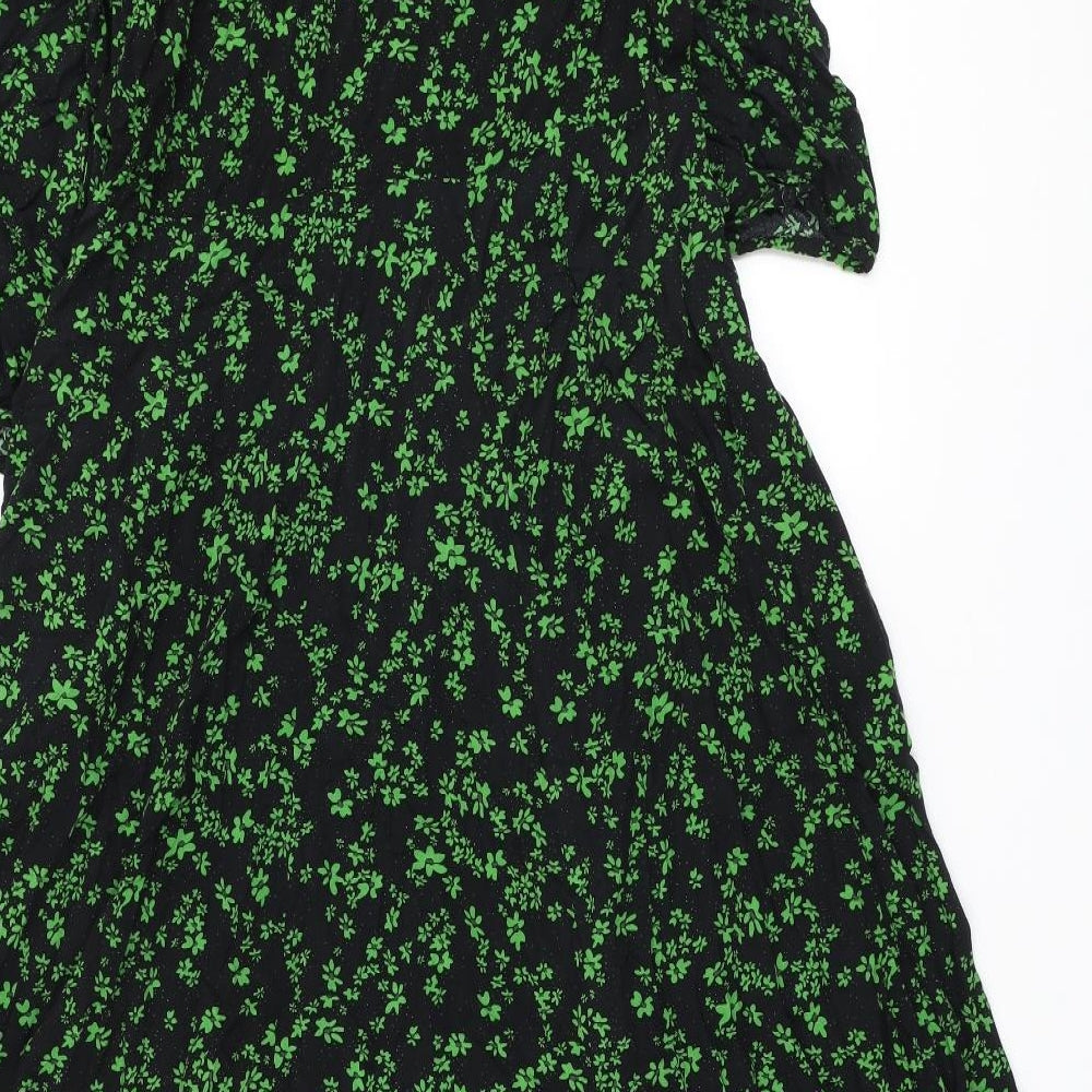 NEXT Womens Black Floral Viscose Fit & Flare Size 12 Collared Button