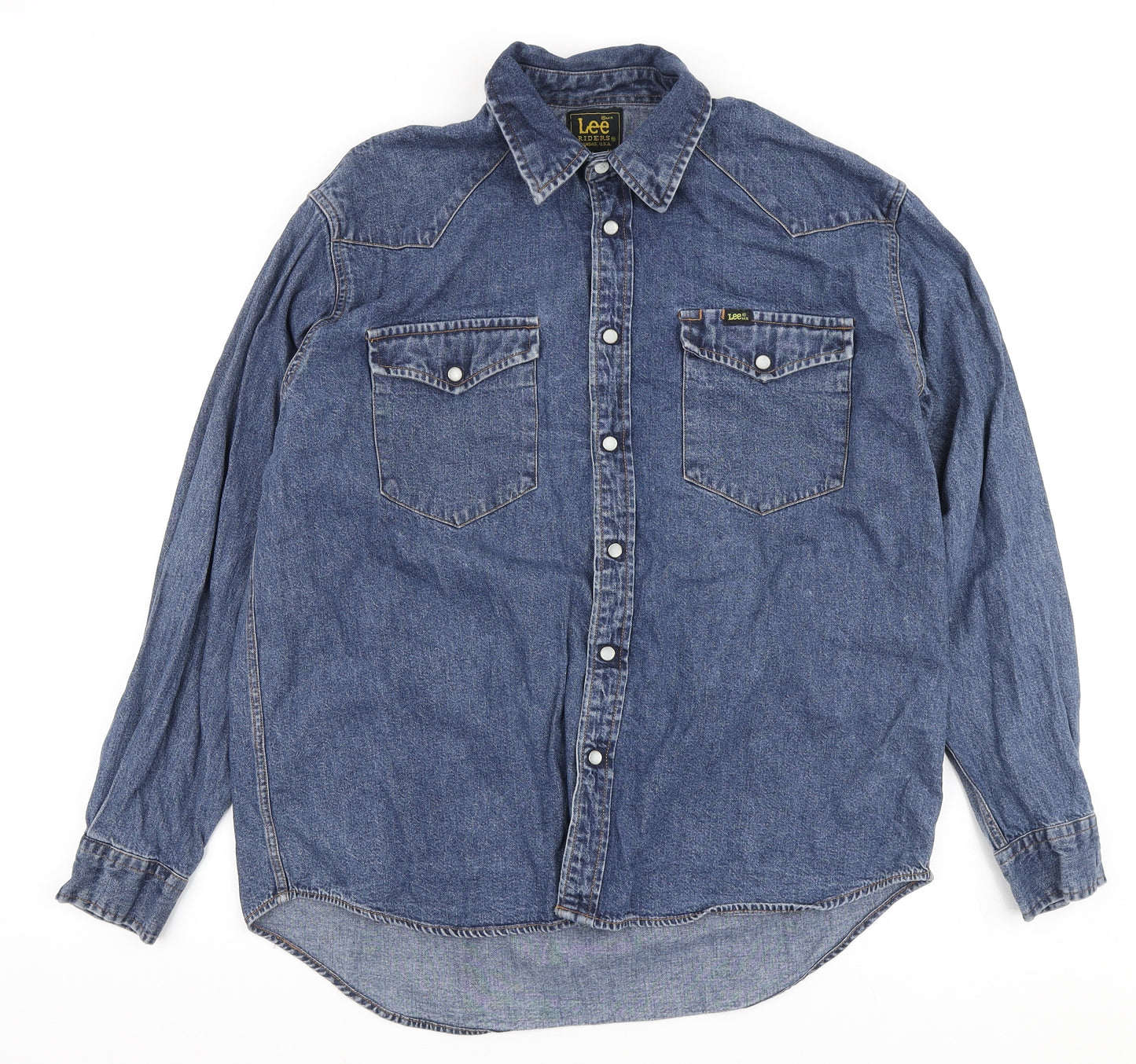 Lee Mens Blue Cotton Blend Button-Up Size M Collared Button