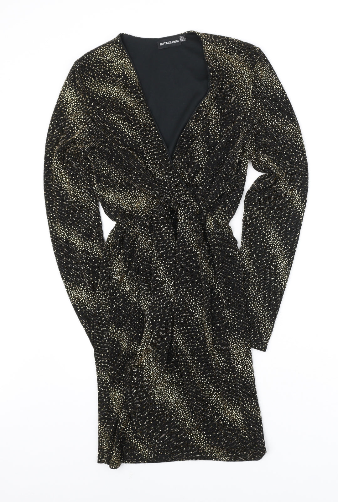 PRETTYLITTLETHING Womens Black Polyester Wrap Dress Size 8 V-Neck - Metallic embellishments