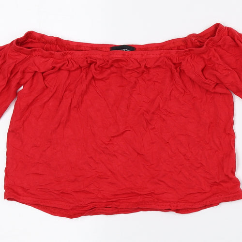 PRETTYLITTLETHING Womens Red Viscose Cropped T-Shirt Size 12 Off the Shoulder