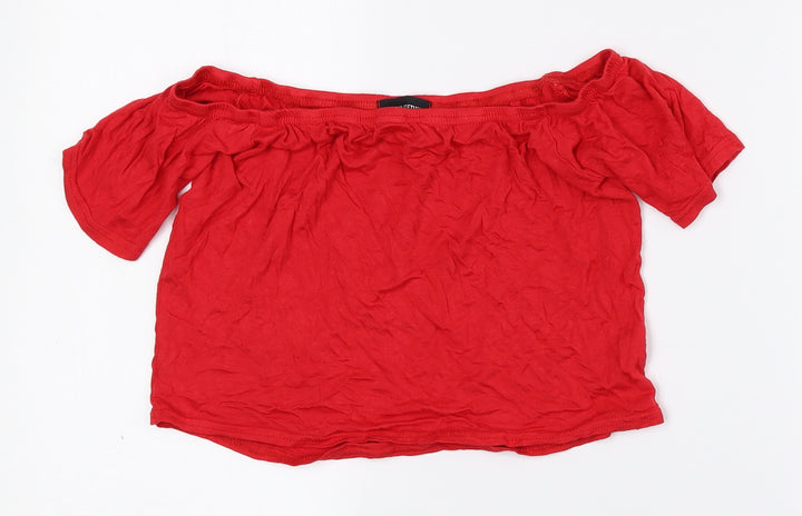 PRETTYLITTLETHING Womens Red Viscose Cropped T-Shirt Size 12 Off the Shoulder